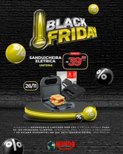 Imagem da notícia Sanduicheira Elétrica por apenas R$39,99 nesta quarta-feira na Black Friday do Mundo das Utilidades em Costa Rica 